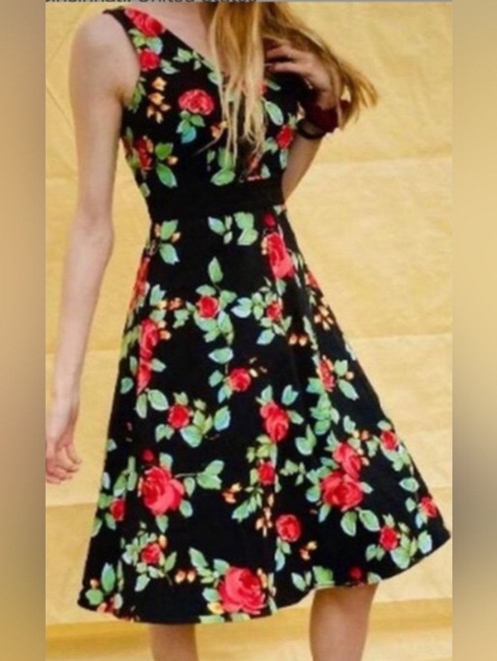Mica Floral Black 50s Style Fitted Spring Dress Size S